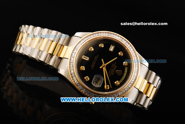 Rolex Day Date II Oyster Perpetual Automatic Movement Black Dial with Diamond Bezel - Diamond Markers and Two Tone Strap - Click Image to Close